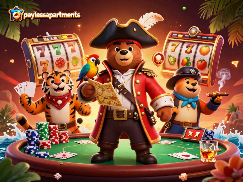 Engage with paylessapartments in a vibrant casino scene featuring a pirate bear and friends surrounded by slots and rich gaming elements.