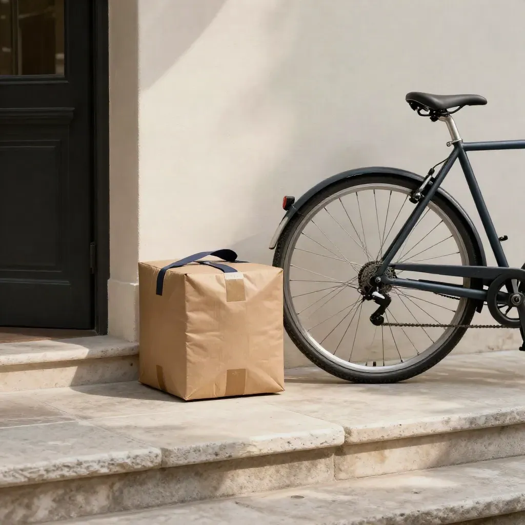 Pacco consegnato accanto alla ruota di una bici su un pianerottolo in pietra davanti a una porta silenziosa.