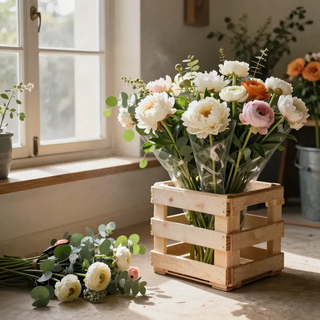 Bouquet freschi e cassette di fiori pronti per la consegna mattutina