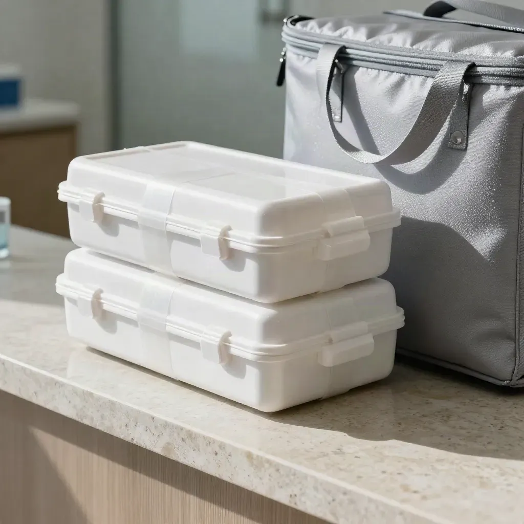 Casi clinici sigillati e borsa frigo su banco chiaro, in una clinica silenziosa.