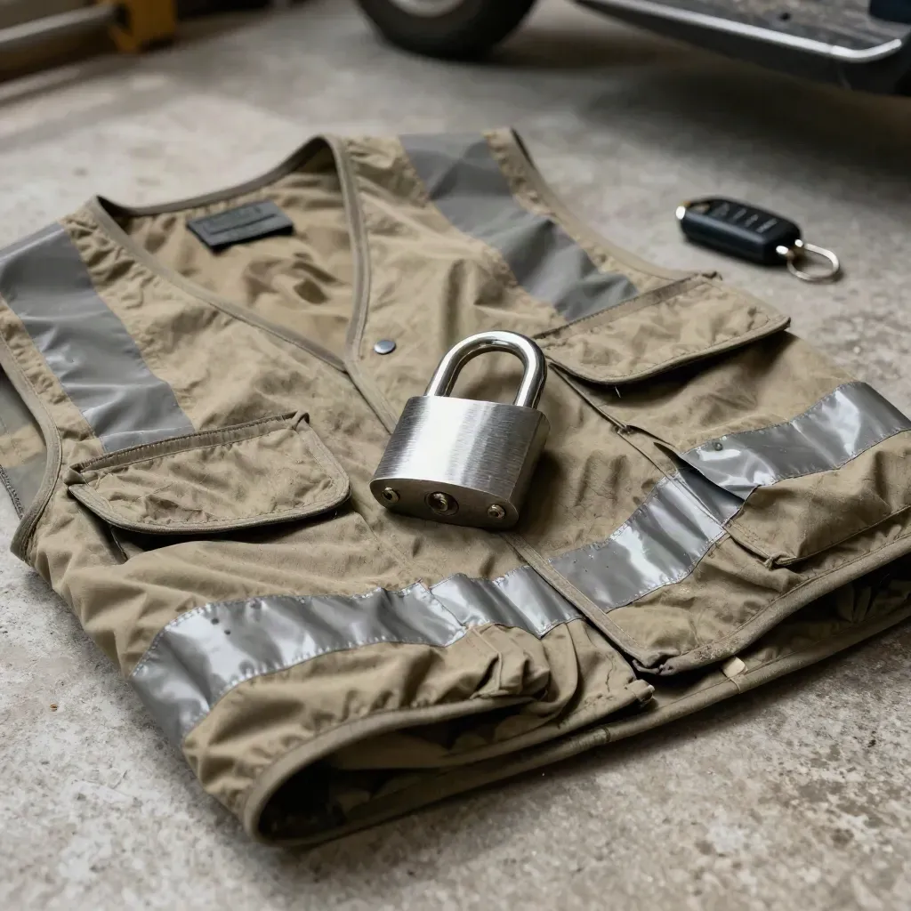 Gilet riflettente piegato, lucchetto bici e portachiavi scooter su cemento