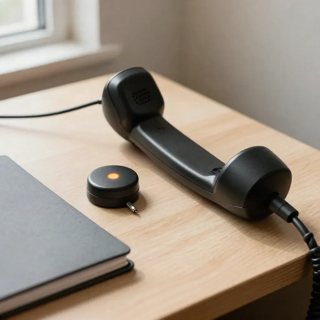 Telefono da banco, puck notifiche e taccuino chiuso su legno chiaro, luce drammatica.