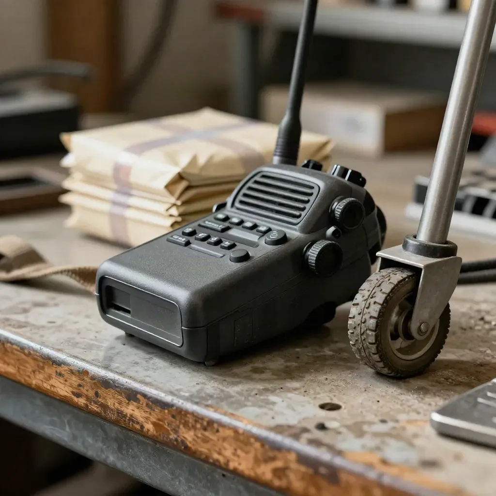 Scanner di spedizioni, radio, sigilli e ruota di carrello su banco da lavoro graffiato.