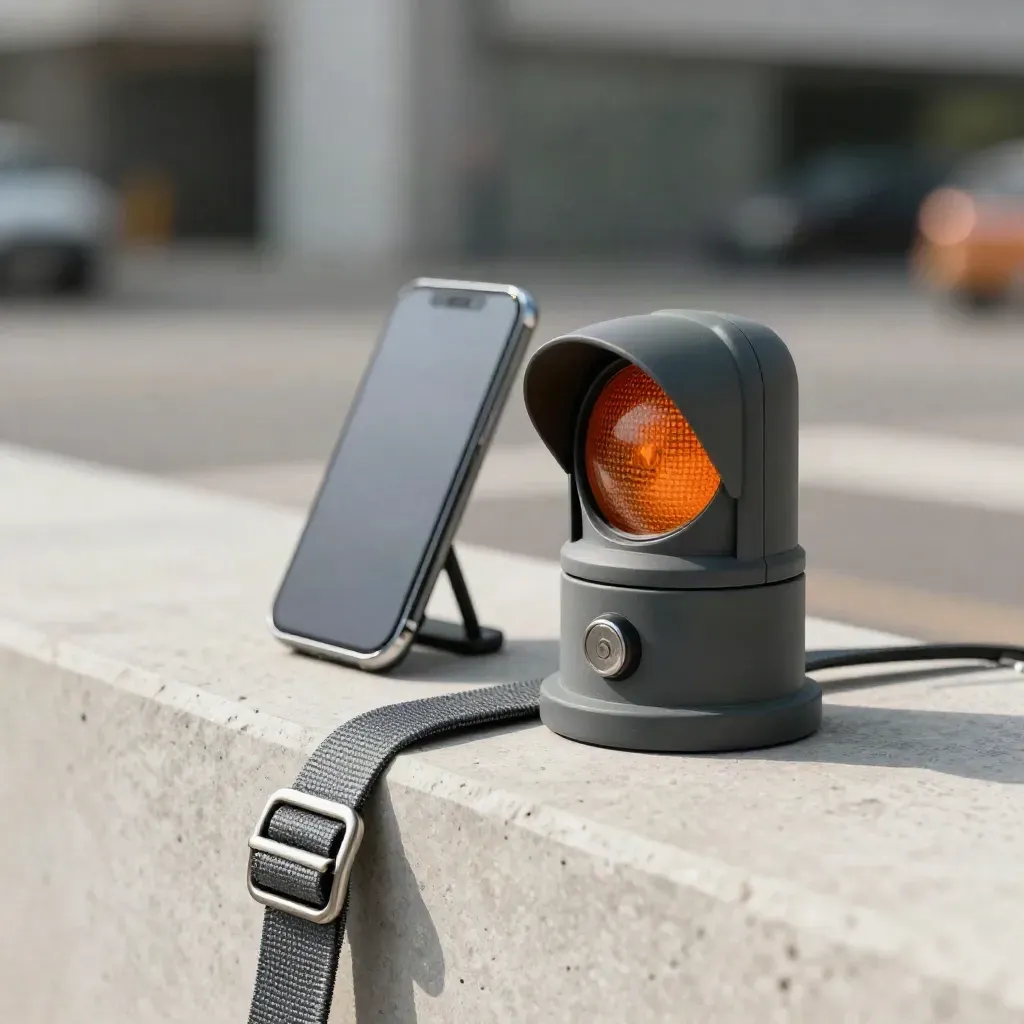 Beacon di consegna, smartphone scuro e sigillo pacco su nastro, luce morbida e sfondo sfocato