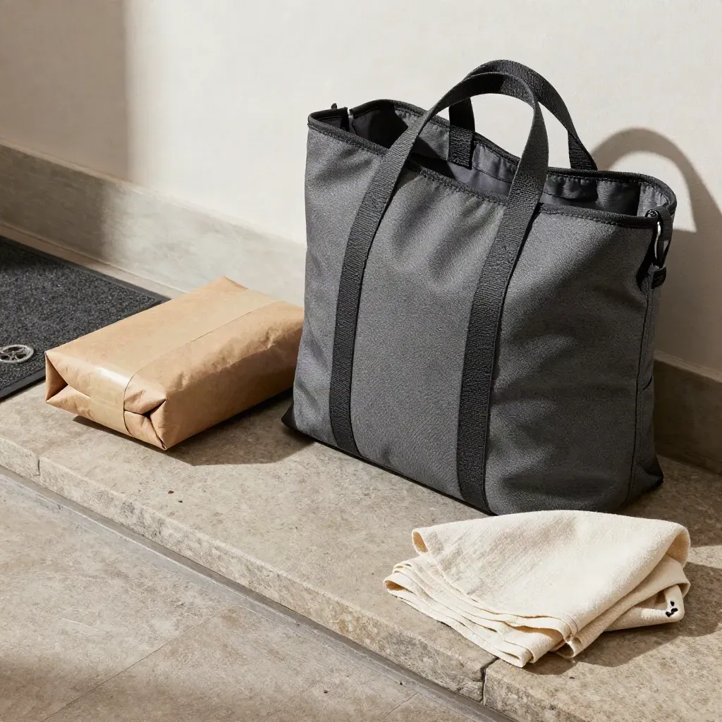 Borsa da corriere, pacco sigillato e zerbino segnato da una ruota su fondo neutro.